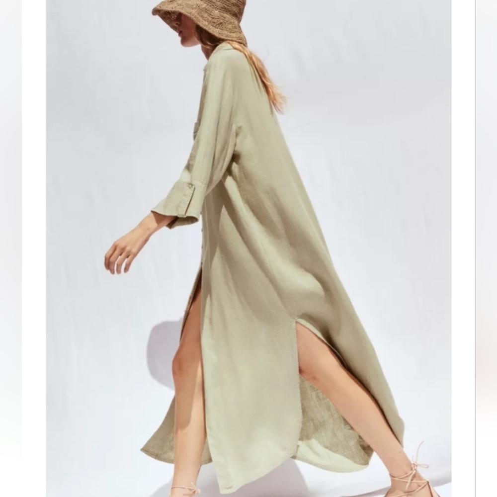 Zara Linen Light Khaki Long Tunic Shirt Dress Sz-L - Picture 7 of 11